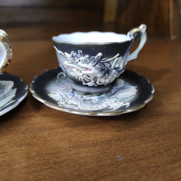 Vintage Made in Japan Moriage Black Dragonware Demitasse Teacups and Saucers - Picture 3 of 14